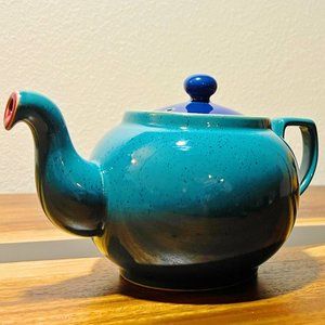 Denby Harlequin Pottery Green Blue Red Vintage Teapot with Lid Handmade